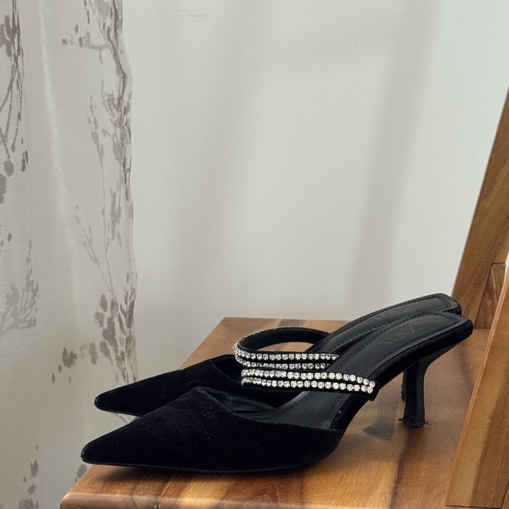 Zara Black Mules with Rhinestone Embellishments